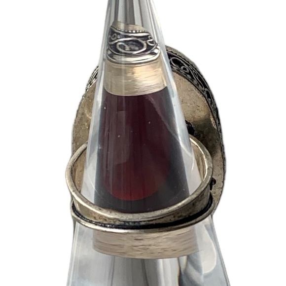 Vintage Sterling Silver Ruby Red Faceted Oval Glass Woman’s Ring Jewelry Garnet - Picture 7 of 8